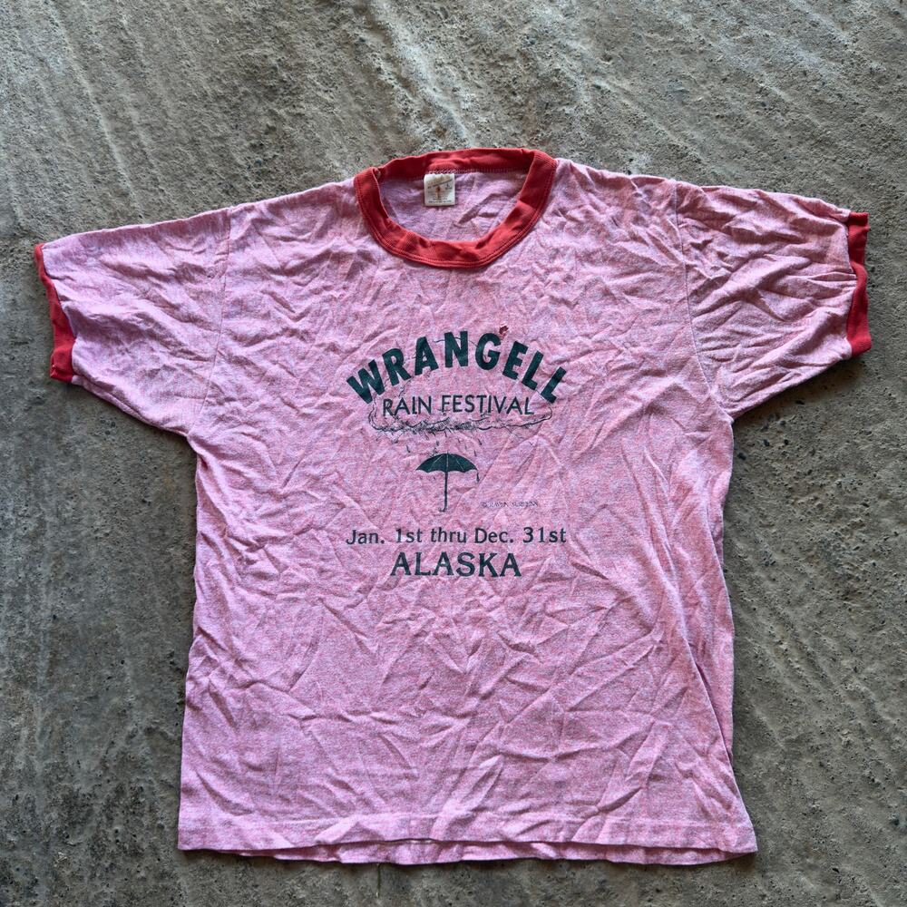 Vintage Wrangell Rain Festival Shirt Ringer 70s Pink Red Men's Large USA Holes